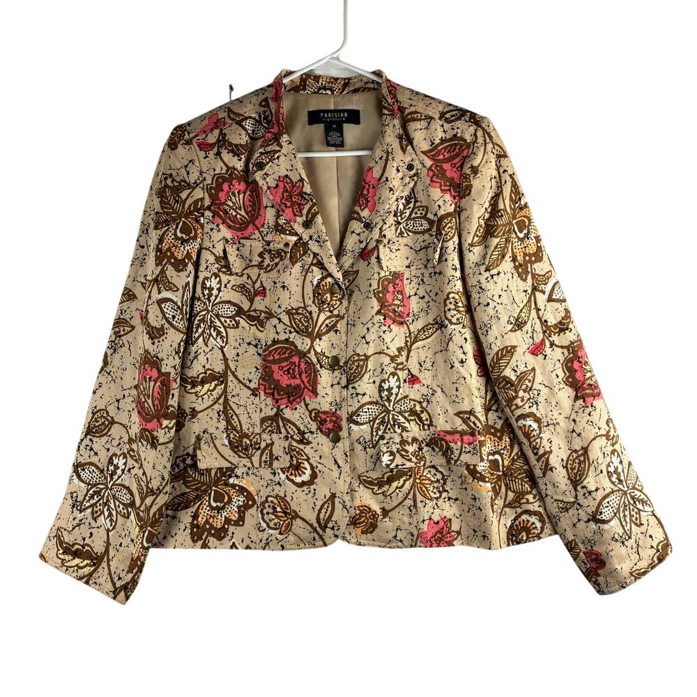 Parisian Signature Linen Blend Floral Beige Snap Button Blazer Jacket Women's 14